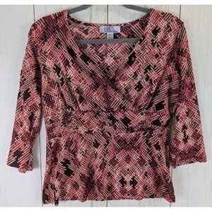 Nine Co Size Medium Pink Orange Patterned V Neck 3/4 Sleeve Womens Blouse‎